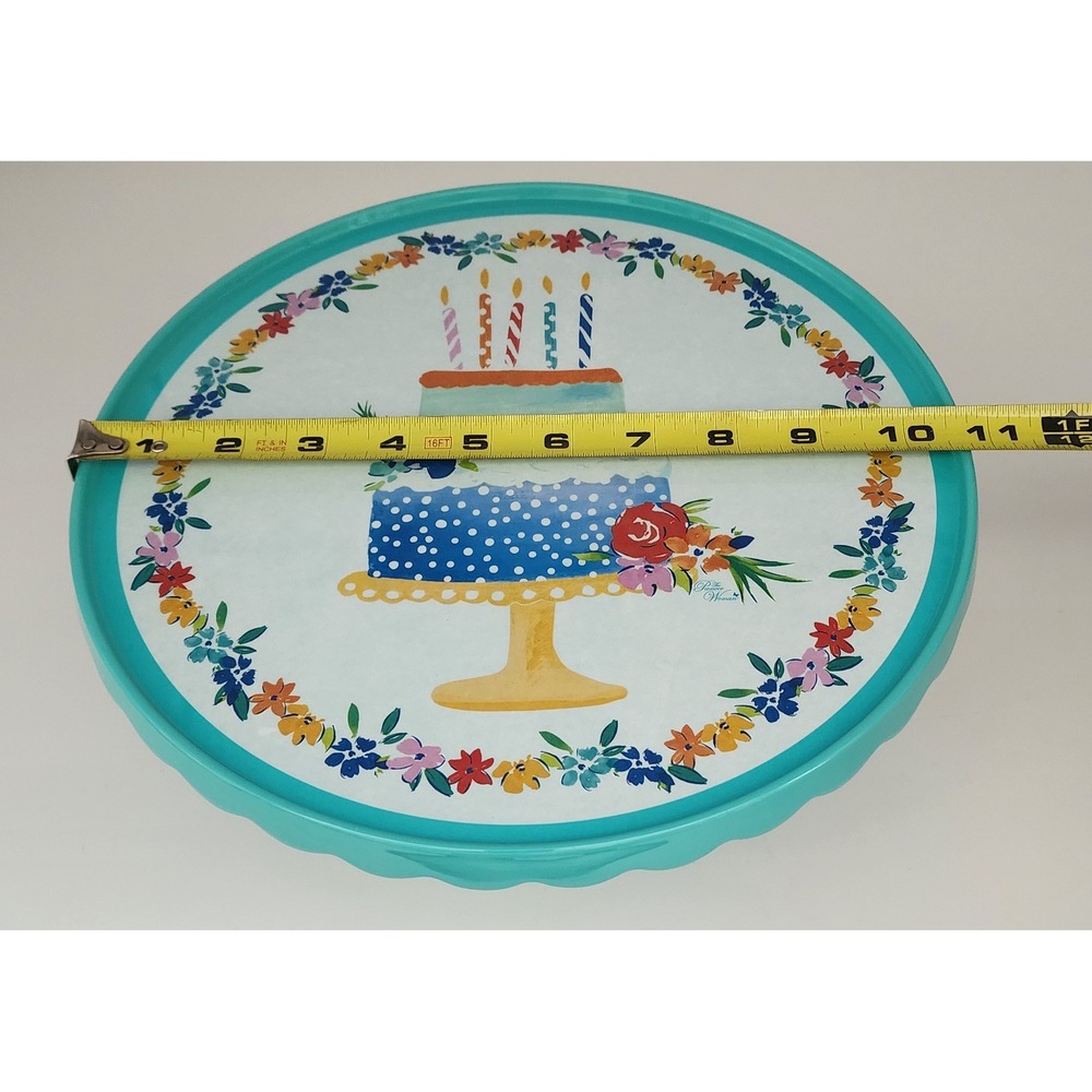 Pioneer Woman Birthday Cake Stand Melamine Teal 10.5in New Floral Scallop - Picture 7 of 9